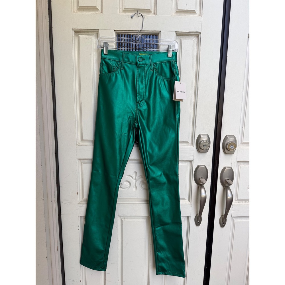 MOTHER High Waisted Rail Skimp‎ Metallic Green Coated Jeans June Bug Size 26 NWT